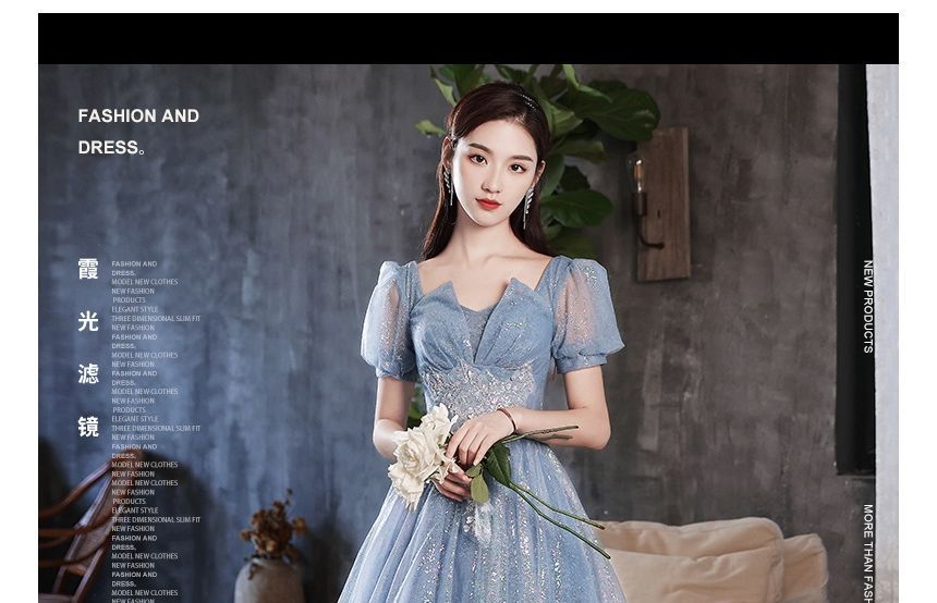 Puff-Sleeve Glitter Mesh Maxi Cocktail Dress