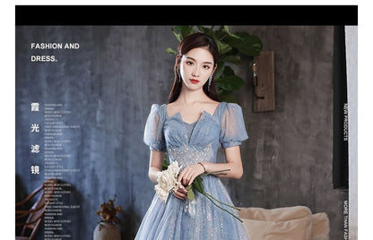 Puff-Sleeve Glitter Mesh Maxi Cocktail Dress