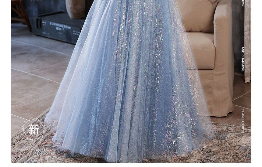 Puff-Sleeve Glitter Mesh Maxi Cocktail Dress