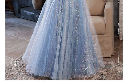 Puff-Sleeve Glitter Mesh Maxi Cocktail Dress