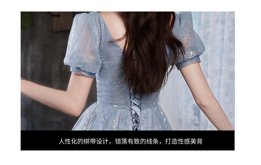 Puff-Sleeve Glitter Mesh Maxi Cocktail Dress