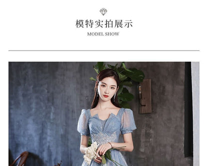 Puff-Sleeve Glitter Mesh Maxi Cocktail Dress