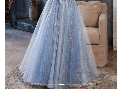 Puff-Sleeve Glitter Mesh Maxi Cocktail Dress