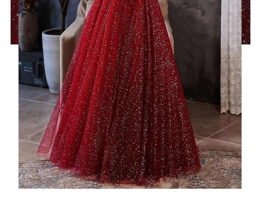 Puff-Sleeve Glitter Mesh Maxi Cocktail Dress (Various Designs)