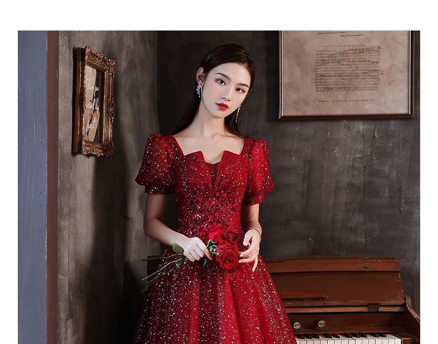 Puff-Sleeve Glitter Mesh Maxi Cocktail Dress (Various Designs)