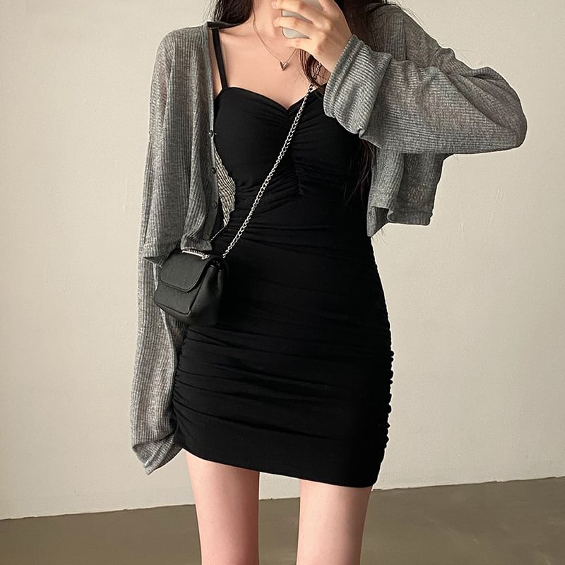 Ribbed-Knit Crop Cardigan and Mini Bodycon Dress Set