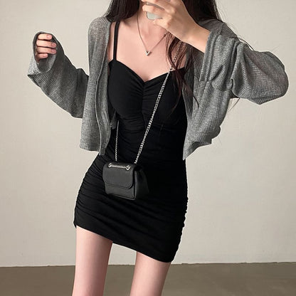 Ribbed-Knit Crop Cardigan and Mini Bodycon Dress Set