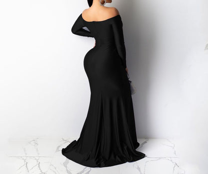 Mermaid Evening Slit Off Gown Long-Sleeve Shoulder