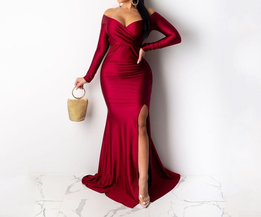 Mermaid Evening Slit Off Gown Long-Sleeve Shoulder