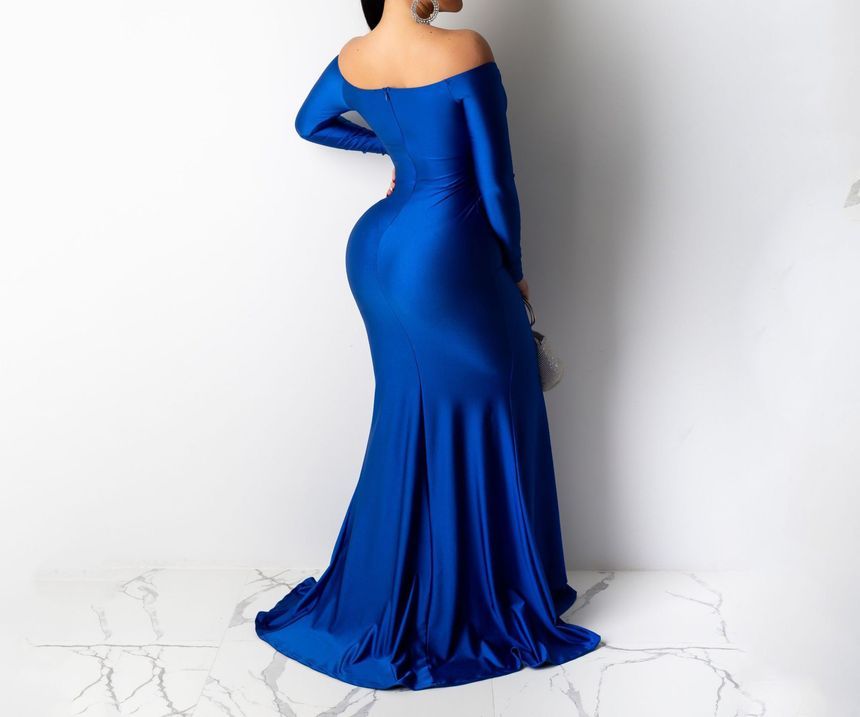 Mermaid Evening Slit Off Gown Long-Sleeve Shoulder