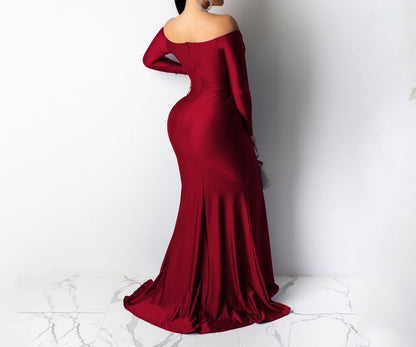 Mermaid Evening Slit Off Gown Long-Sleeve Shoulder