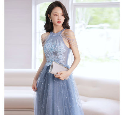 Flower Embroidered Faux Pearl Sheath Evening Gown
