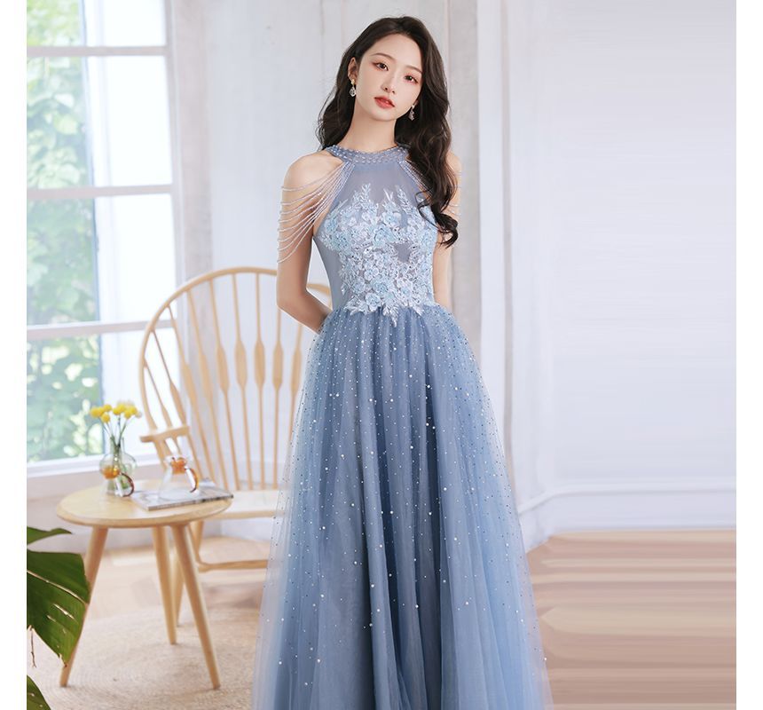 Flower Embroidered Faux Pearl Sheath Evening Gown