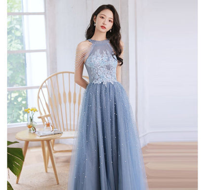 Flower Embroidered Faux Pearl Sheath Evening Gown