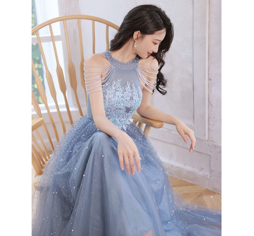 Flower Embroidered Faux Pearl Sheath Evening Gown