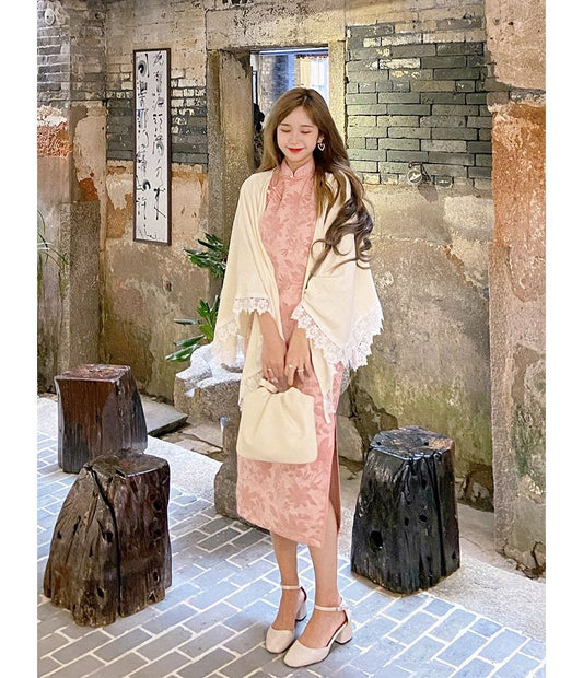 Elbow-Sleeve Floral Lace Trim Qipao / Shawl