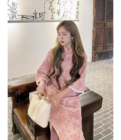 Elbow-Sleeve Floral Lace Trim Qipao / Shawl