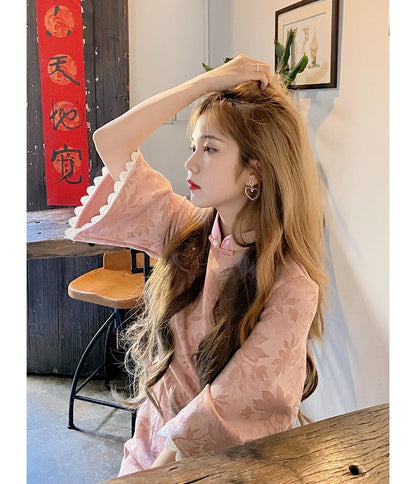 Elbow-Sleeve Floral Lace Trim Qipao / Shawl