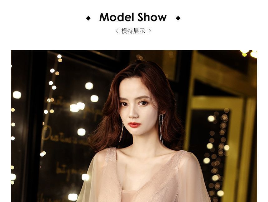 Mesh Cap-Sleeve A-Line Evening Sequin Gown