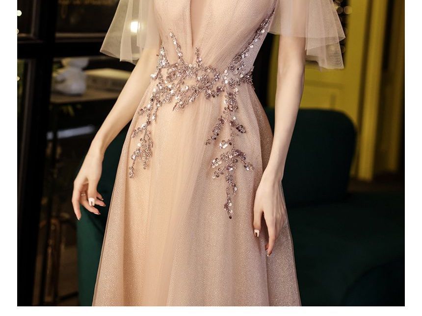 Mesh Cap-Sleeve A-Line Evening Sequin Gown