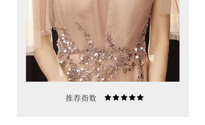 Mesh Cap-Sleeve A-Line Evening Sequin Gown