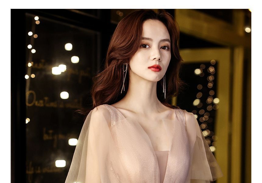 Mesh Cap-Sleeve A-Line Evening Sequin Gown