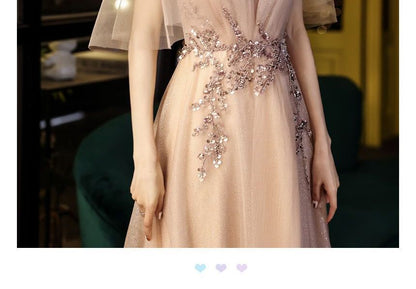 Mesh Cap-Sleeve A-Line Evening Sequin Gown