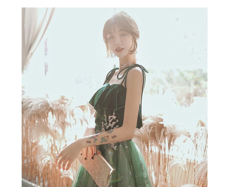 Spaghetti-Strap Sequin Midi A-Line Evening Gown