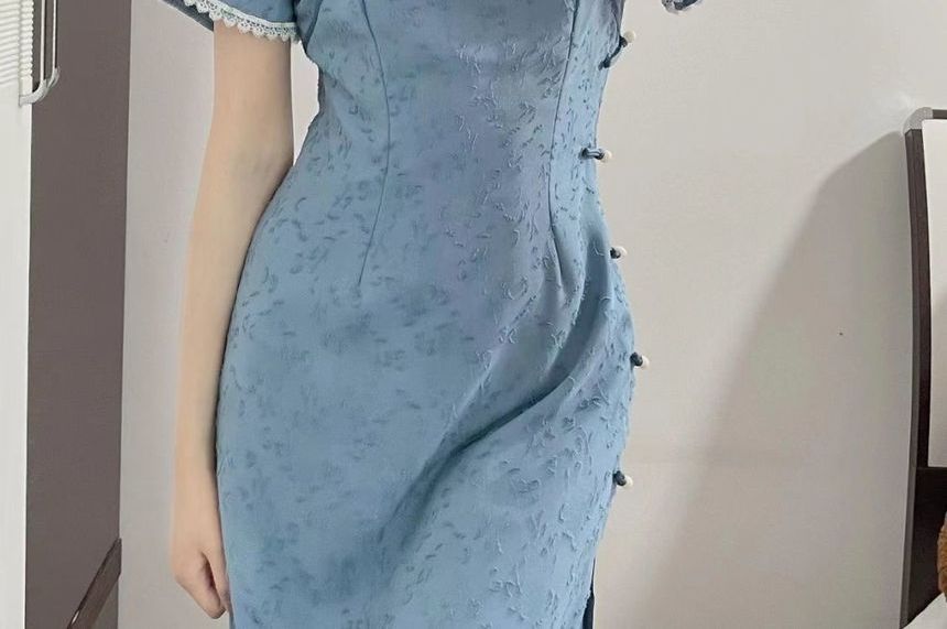 Short-Sleeve Lace Trim Midi Qipao