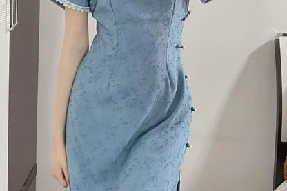 Short-Sleeve Lace Trim Midi Qipao
