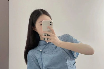 Short-Sleeve Lace Trim Midi Qipao