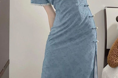 Short-Sleeve Lace Trim Midi Qipao