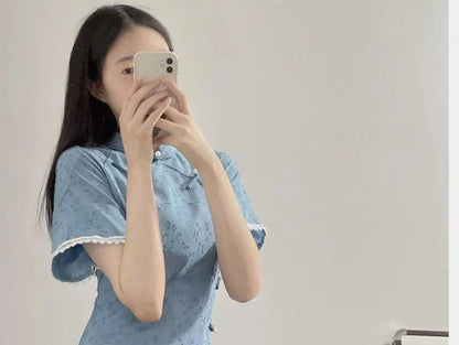 Short-Sleeve Lace Trim Midi Qipao