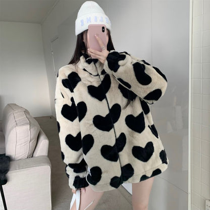 Heart Pattern Furry Zip Jacket