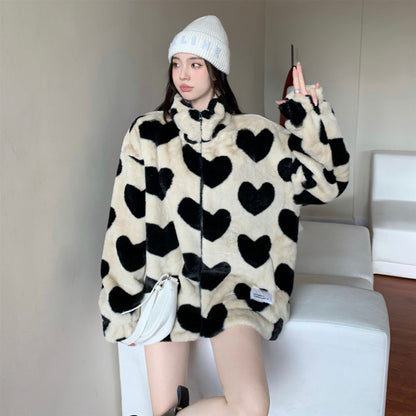 Heart Pattern Furry Zip Jacket