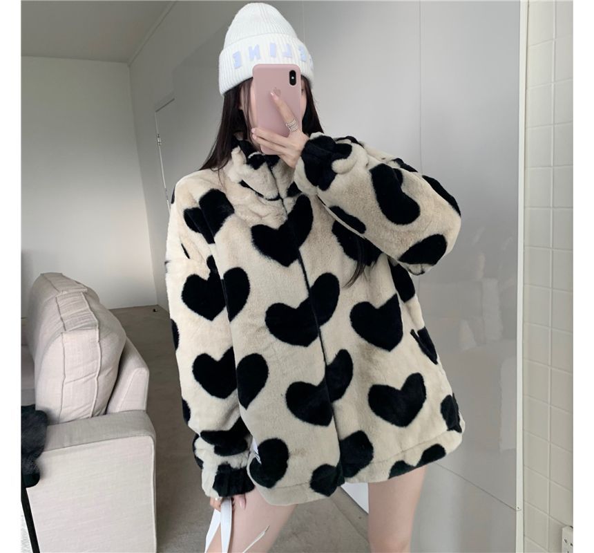 Heart Pattern Furry Zip Jacket
