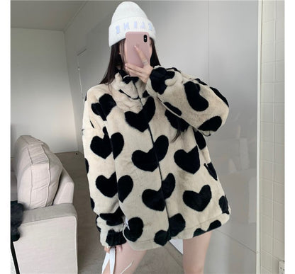 Heart Pattern Furry Zip Jacket