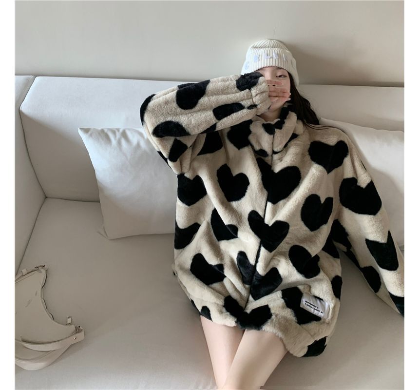 Heart Pattern Furry Zip Jacket