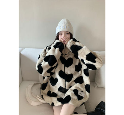 Heart Pattern Furry Zip Jacket