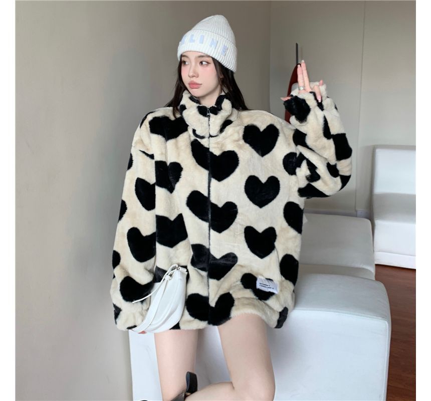 Heart Pattern Furry Zip Jacket