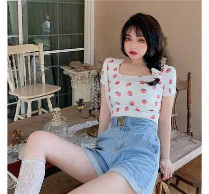Short-Sleeve Strawberry Print T-Shirt