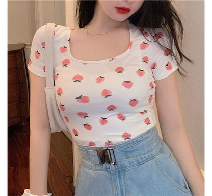 Short-Sleeve Strawberry Print T-Shirt