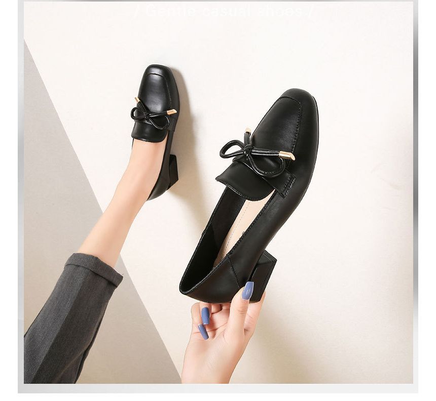 Plain Bow Block Heel Loafers Egirldoll