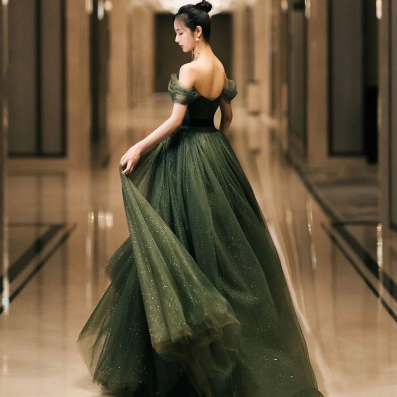 Off-Shoulder Glitter A-Line Evening Gown