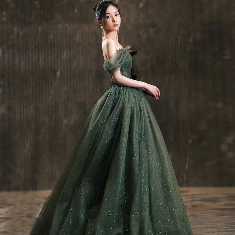 Off-Shoulder Glitter A-Line Evening Gown
