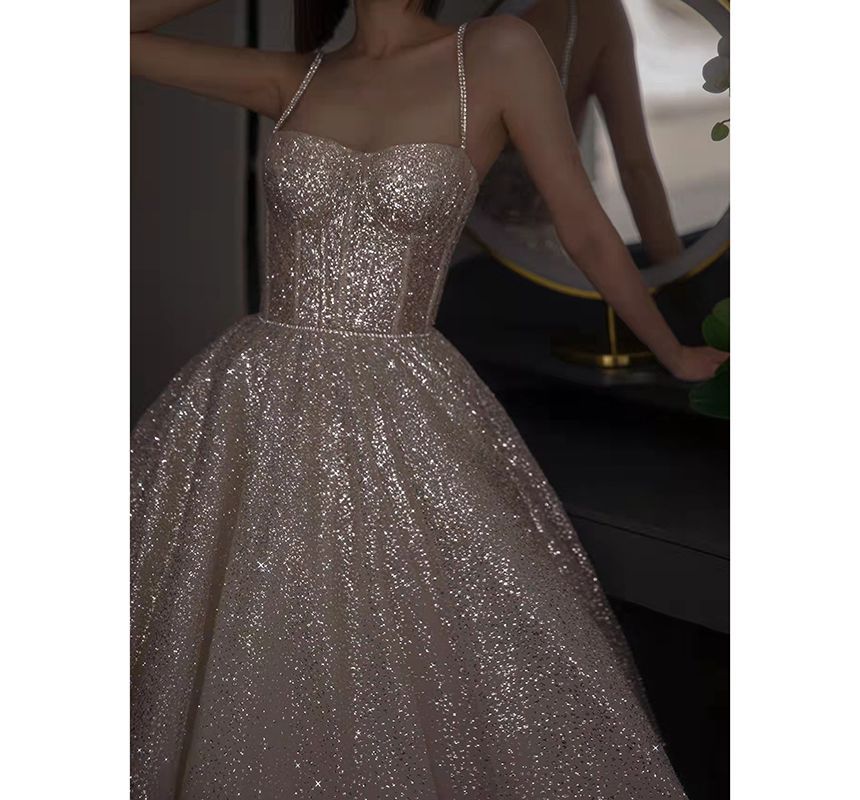 Gown Sequined Strap Evening A-Line Rhinestone Spaghetti