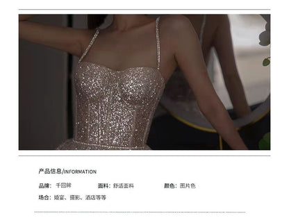 Gown Sequined Strap Evening A-Line Rhinestone Spaghetti