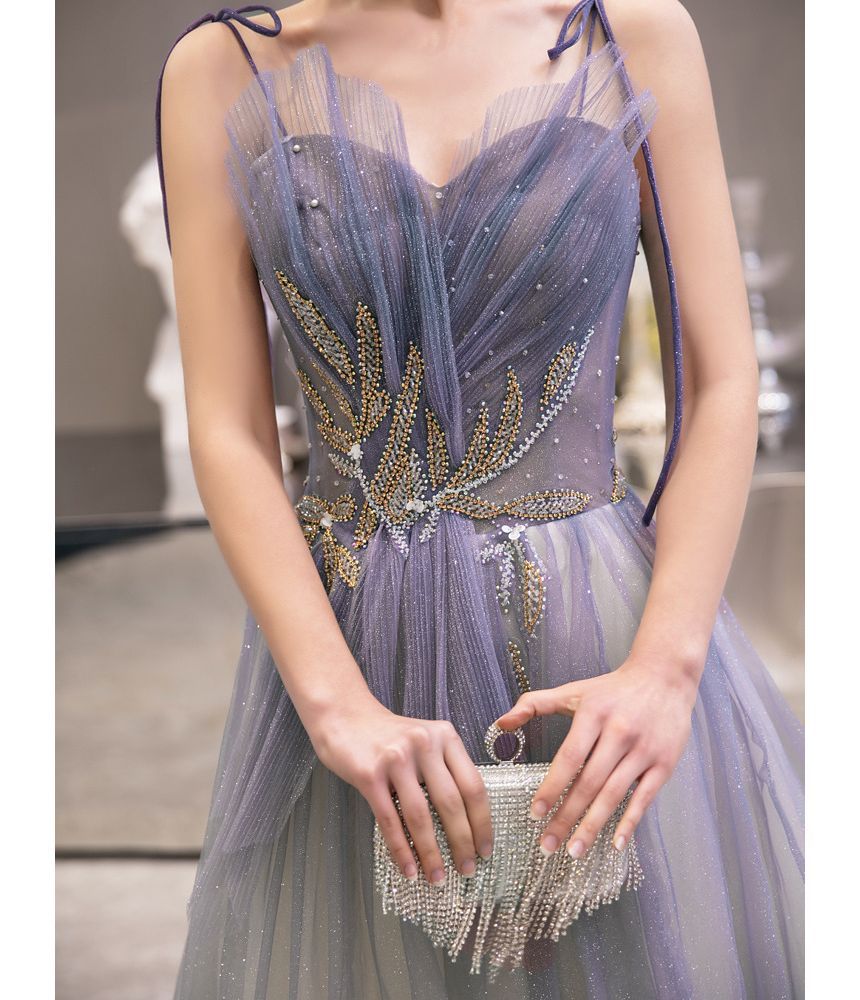 Evening Neckline Spaghetti Sweetheart Rhinestone Strap Gown Gradient Mesh A-Line