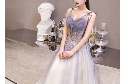 Evening Neckline Spaghetti Sweetheart Rhinestone Strap Gown Gradient Mesh A-Line