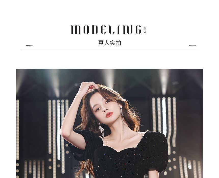 Puff-Sleeve Sweetheart Neckline Beaded Trim Glitter Prom Dress (Various Designs)